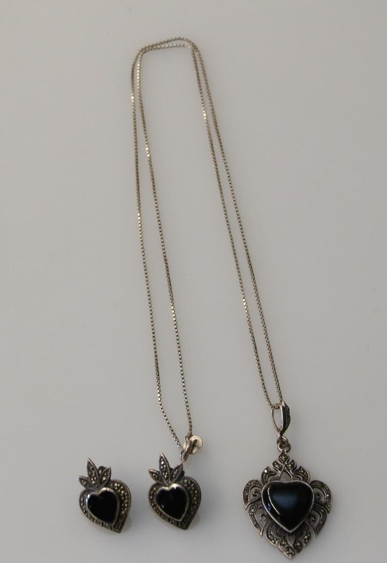 STERLING AND MARCASITE SET: MARCASITE AND ONYX EARRINGS AND PENDANT - .5 OZT