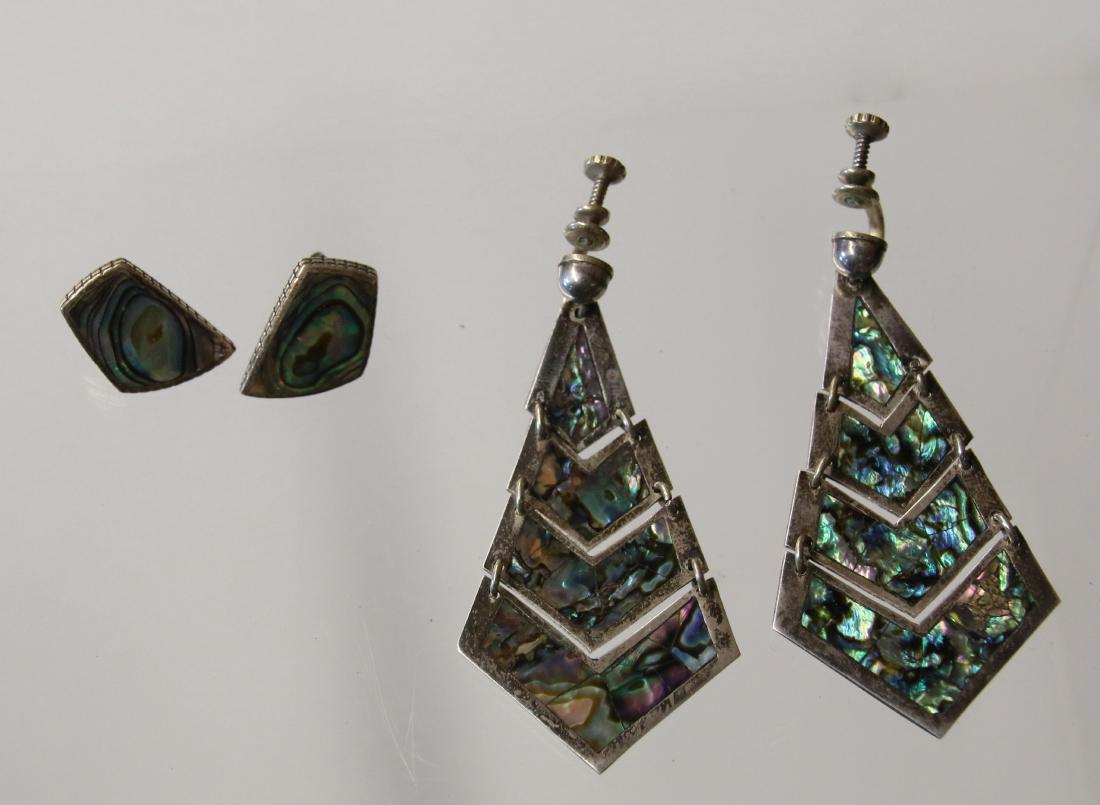 (2) PAIR OF STERLING EARRINGS: SCREW BACK HAND WROUGHT - PIERCED WITH ABALONE - MEXICO .925 Dimensions: 2 1/4" X 1"