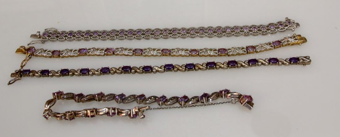 4 - STERLING BRACELETS: AMETHYST STONES - MARCASITE - 1.8 OZT Dimensions: 7"