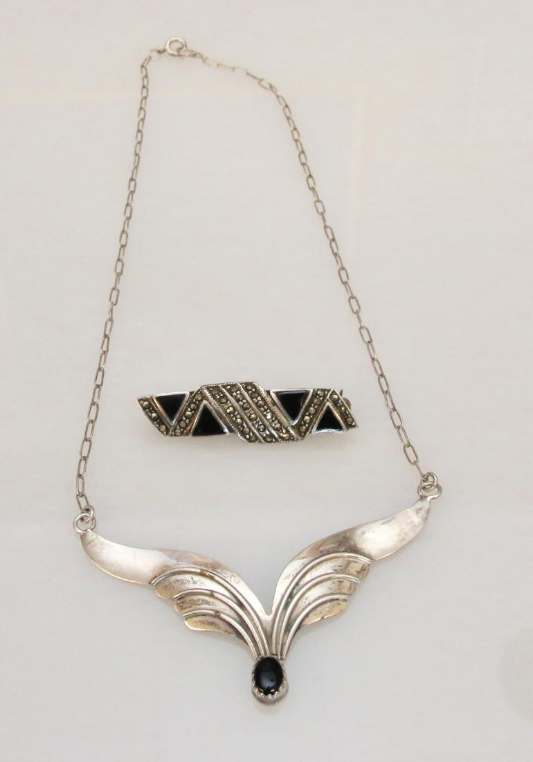 STERLING LOT: ONYX AND MARCASITE BROOCH AND NECKLACE - .925 Dimensions: 16"