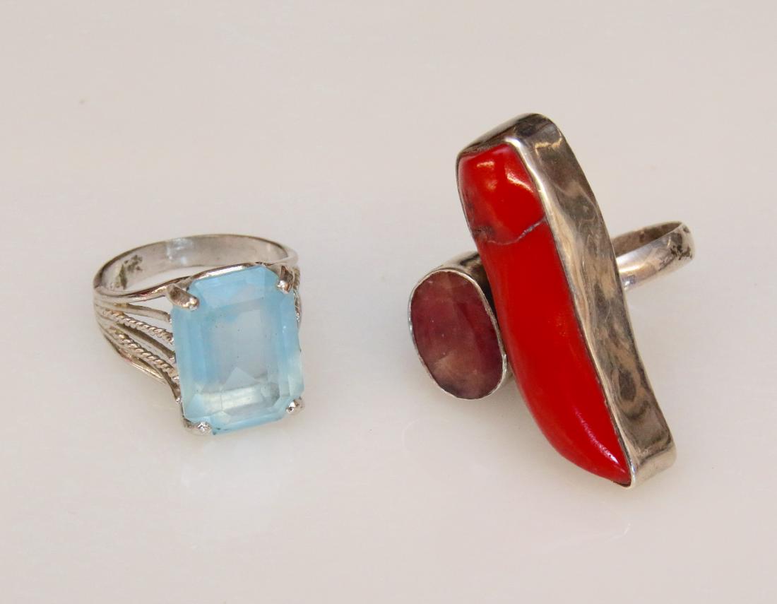 2 - STERLING RINGS: BLUE STONE - CORAL AND RUBY ROCK - 76 OZT Dimensions: SIZE 10