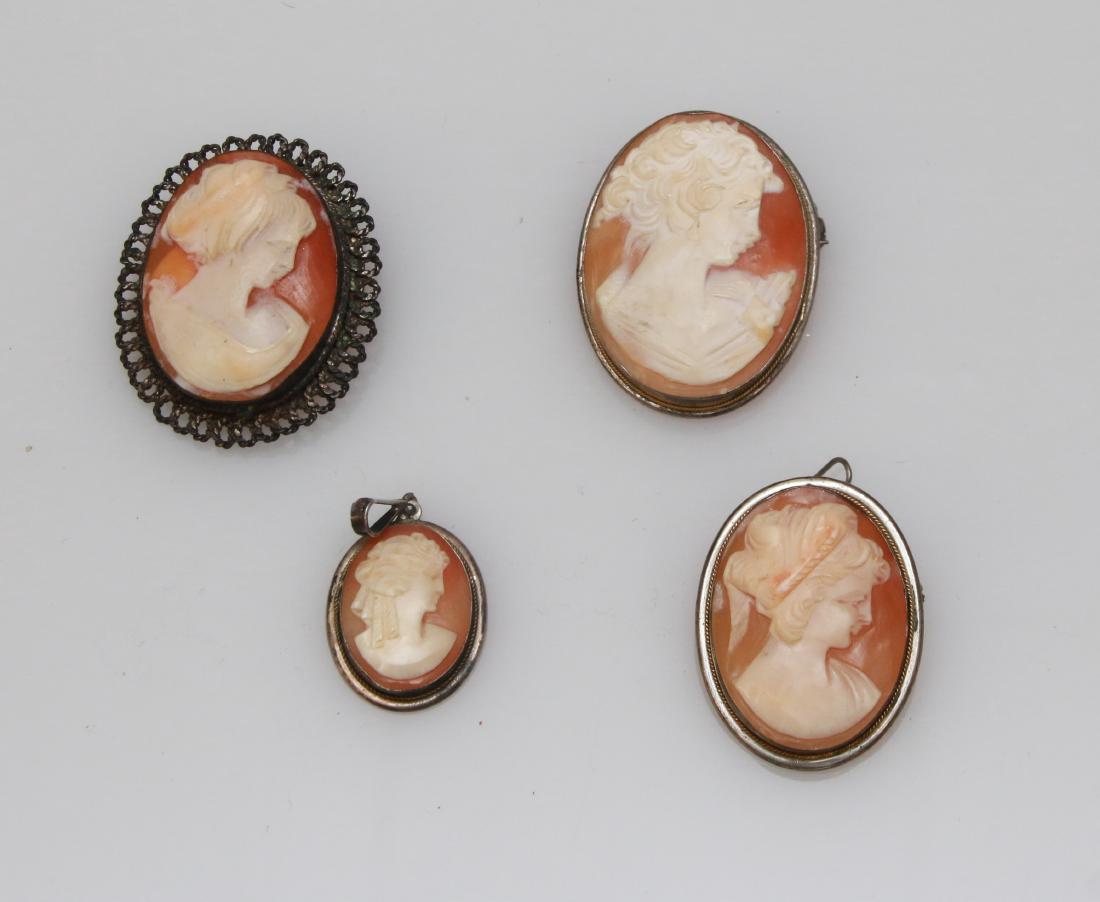 SHELL CAMEOS: 4 - CARVED SHELL CAMEOS IN .800 SILVER SETTINGS Dimensions: 1 1/2" DIAMETER