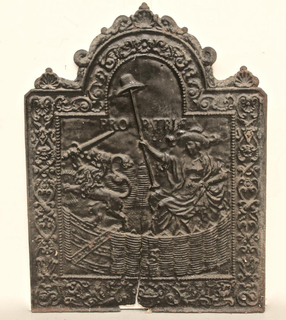 CAST IRON FIREBACK: RELEIF DECORATING WITH WOMAN AND "PRO PATRIA" Dimensions: 41" X 31"
