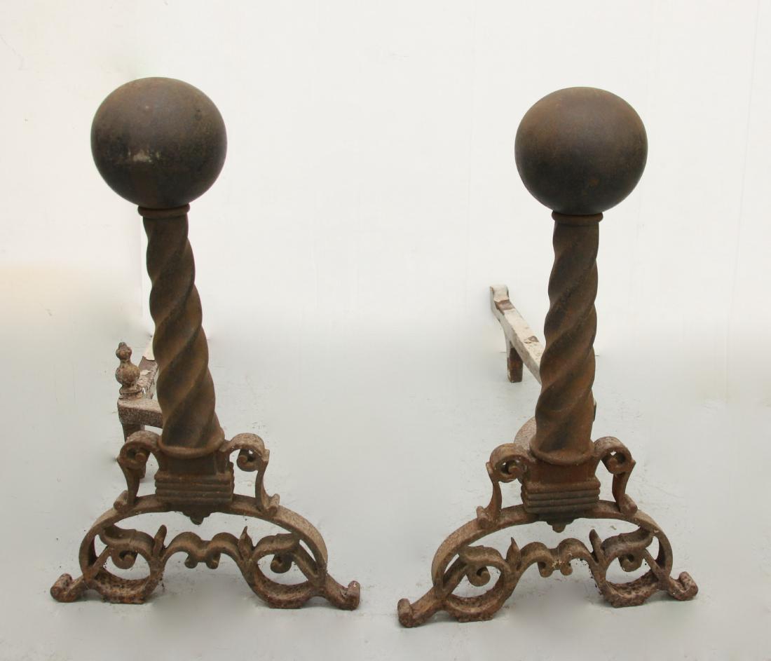 CAST IRON ANDIRONS: BALL TOP WITH ORNATE BASE Dimensions: 20" X 26"