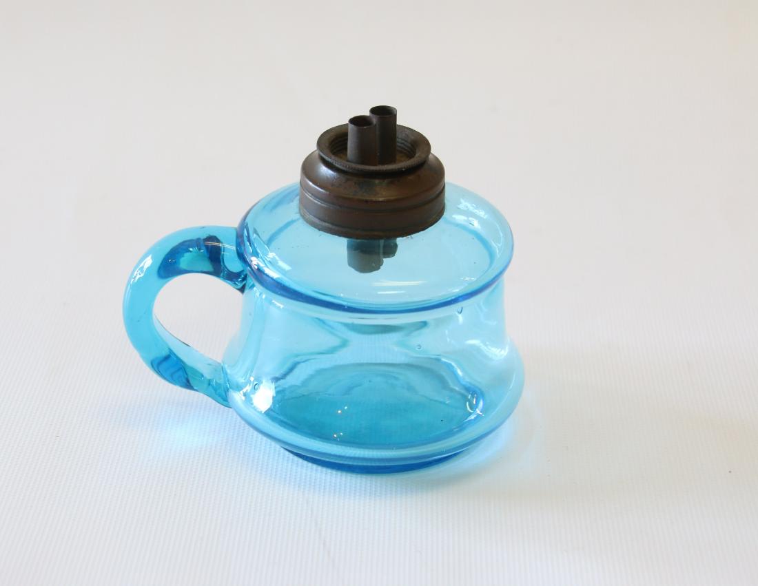 BLUE GLASS WHALE OIL LIGHT: APPLIED FINGER LOOP IN LIGHT BLUE - BRASS BURNER