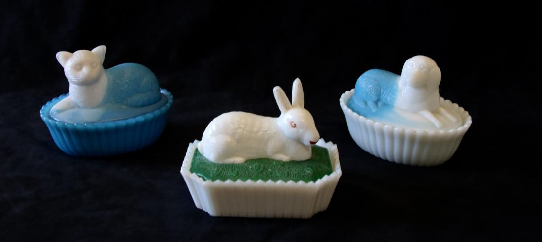 GROUP LOT OF EARLY MILK GLASS: INCLUDING - CAT ON A NEST, DOG ON A NEST, AND BUNNY ON A NEST