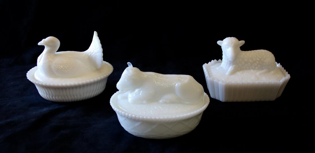 GROUP LOT OF EARLY MILK GLASS: INCLUDING - TURKEY ON A NEST, LAMB ON A NEST, AND COW ON A NEST MARKED "McKEE"