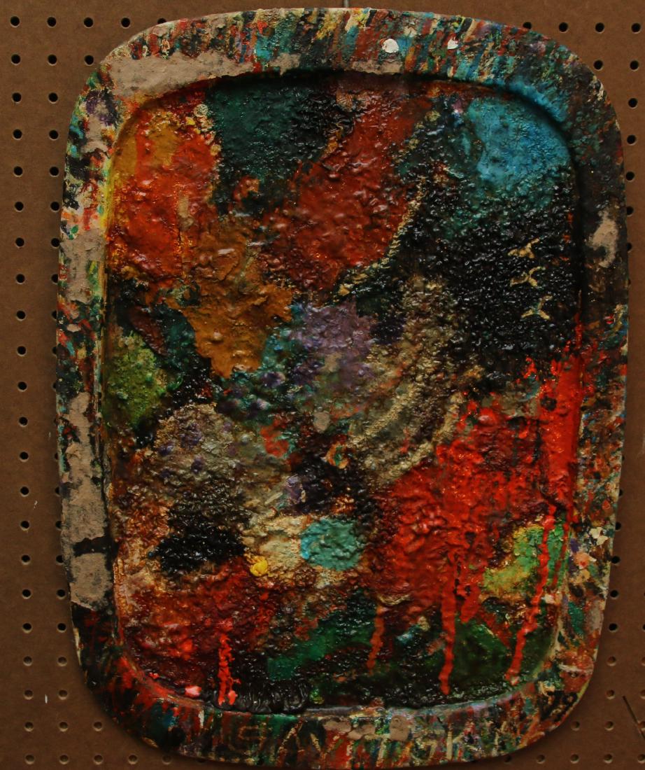 JACK SAVITSKY OIL ON STEEL: "ARTIST PALLET" - SIGNED ON BOTTOM, DATED 79 - JACK SAVITSKY'S PAINTERS PALLET FROM 1979 - FROM THE COLLECTION OF MARY LOU AND JACK SAVITT