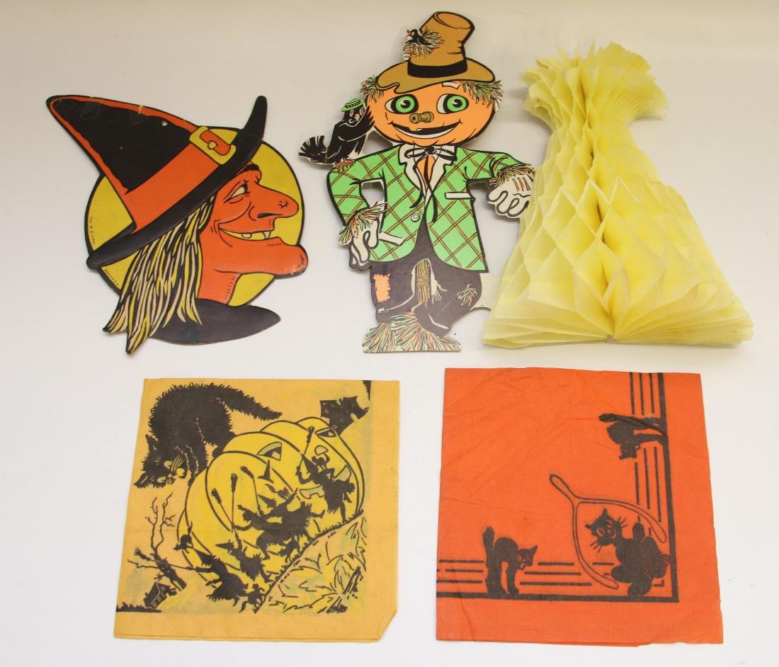GROUP LOT OF HALLOWEEN ITEMS: (4 ITEMS INCLUDING CRAPE PAPER NAPKINS - LUHRS WITCH - BISTLE SCARECROW