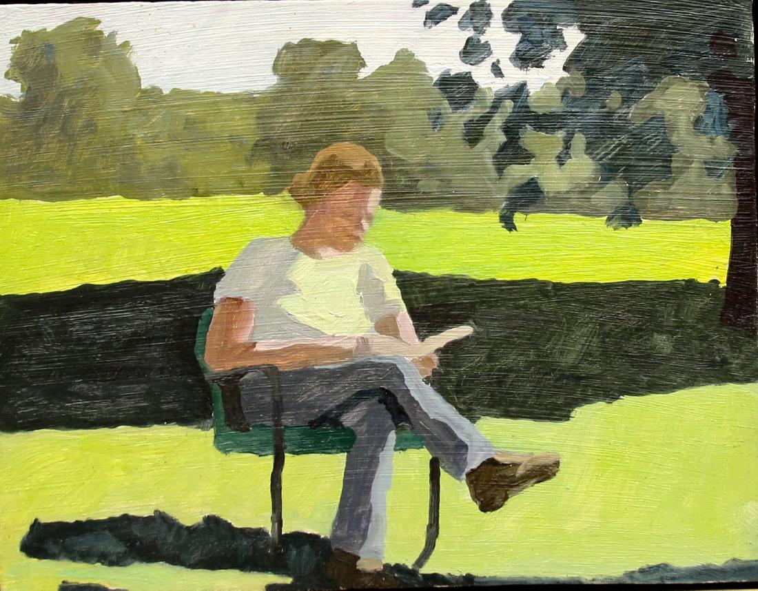 WILLIAM CHRISTINE OIL ON BOARD: DATED 1982 ON BACK - MAN ON A PARK BENCH READING