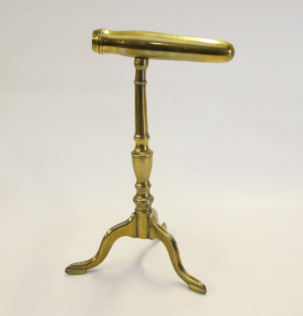GOFFERING IRON: SINGLE BARREL - ALL BRASS - QUEEN ANNE TRIPOD BASE - HAS HAND MADE THREADS - FROM THE GLISSMAN COLLECTION 10"
