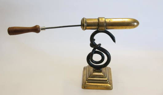 SNAKE GOFFERING IRON: COILED "SNAKE" STEM - BARREL AND BASE ARE BRASS - VERY DETAILED - VERY RARE - 1800'S 7" X 8 1/4"