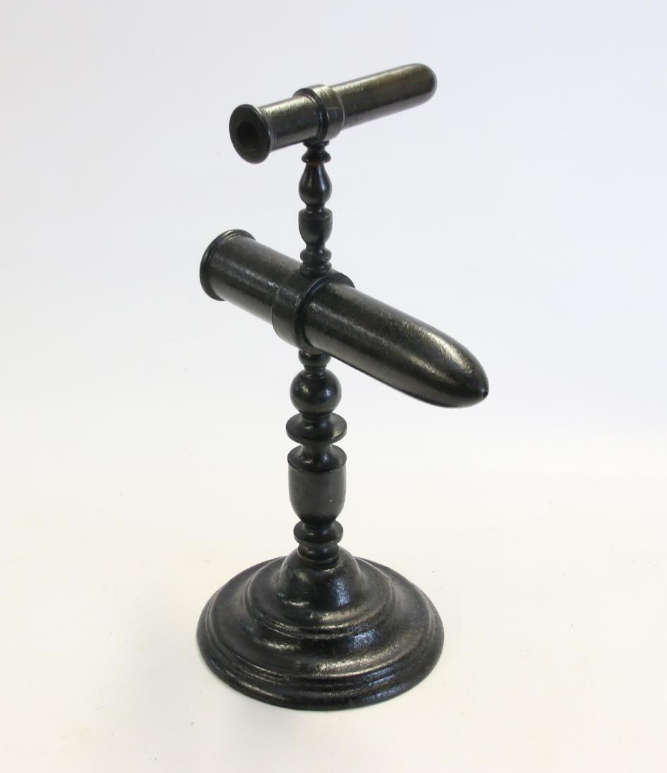 GOFFERING IRON: LARGE DOUBLE BARREL ON PLAIN ROUND BASE - ALL IRON 12 1/2" H