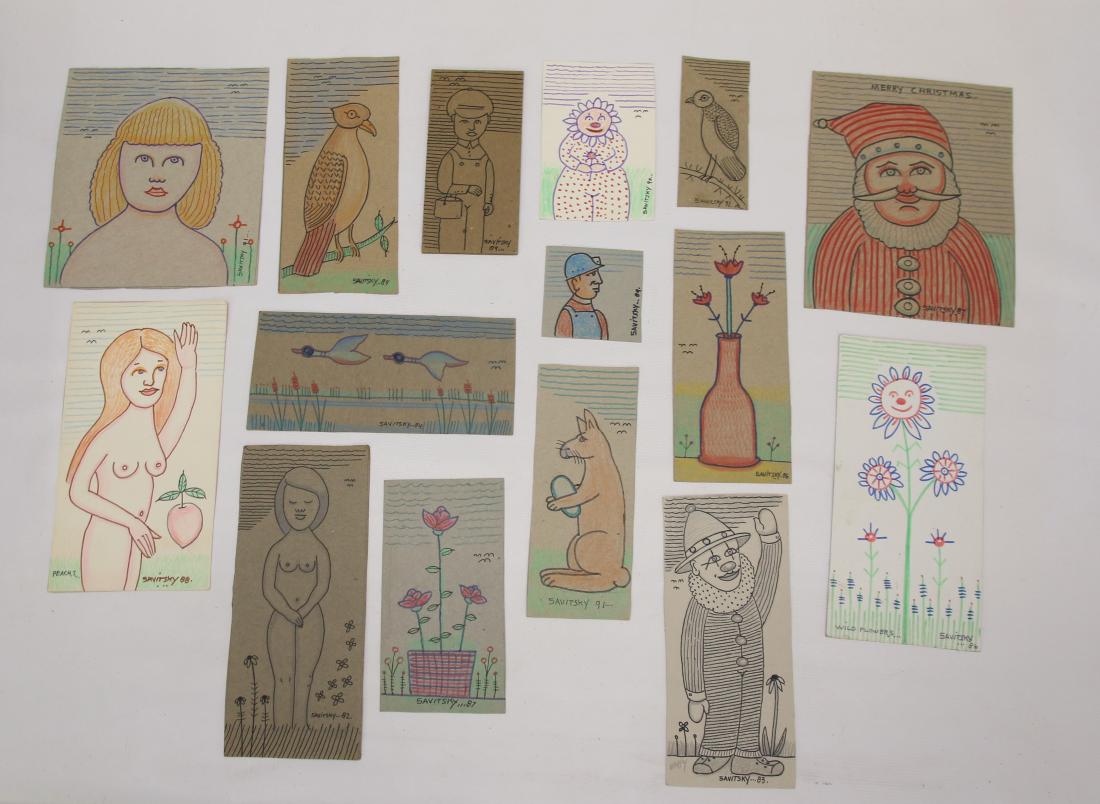 JACK SAVITSKY DRAWING LOT: JACK SAVITSKY DRAWING LOT LOT OF (15) FOLK ART DRAWINGS BY: JACK SAVITSKY - ON CARDBOARD BOX CUTOUTS - FROM THE ESTATE OF MARY LOU AND JACK SAVITT DIMENSIONS: VARIOUS SIZES