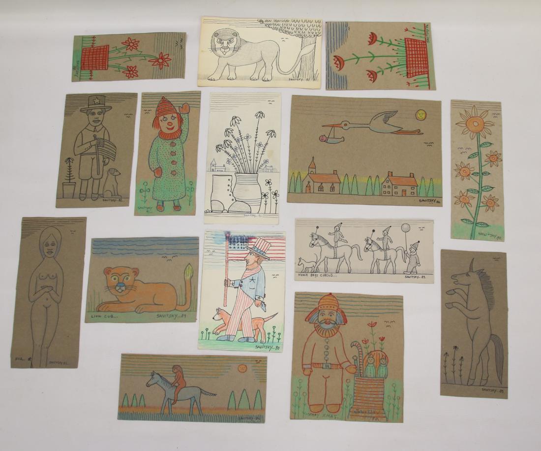 JACK SAVITSKY DRAWING LOT: JACK SAVITSKY DRAWING LOT LOT OF (15) FOLK ART DRAWINGS BY: JACK SAVITSKY - ON CARDBOARD BOX CUTOUTS - FROM THE ESTATE OF MARY LOU AND JACK SAVITT DIMENSIONS: VARIOUS SIZES