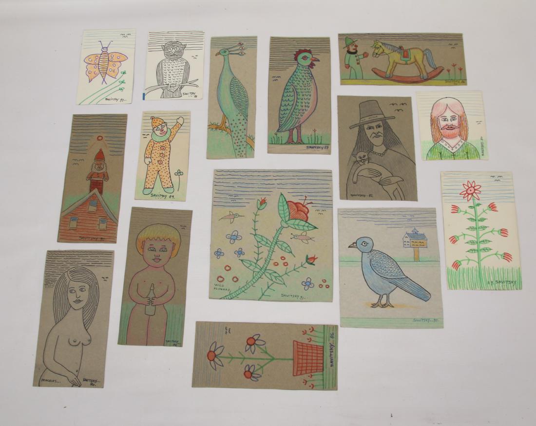 JACK SAVITSKY DRAWING LOT: JACK SAVITSKY DRAWING LOT LOT OF (15) FOLK ART DRAWINGS BY: JACK SAVITSKY - ON CARDBOARD BOX CUTOUTS - FROM THE ESTATE OF MARY LOU AND JACK SAVITT DIMENSIONS: VARIOUS SIZES