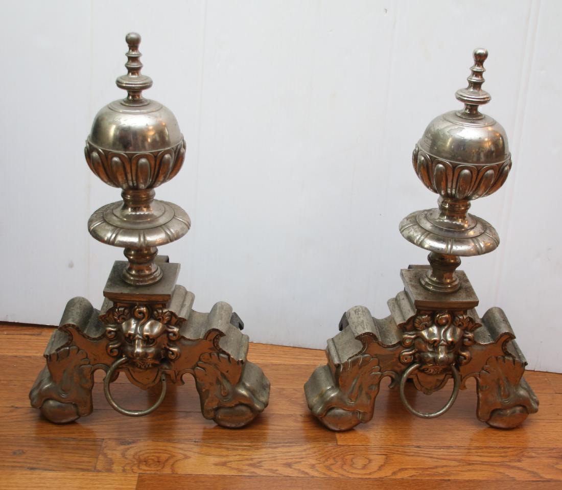 PR. OF VINTAGE ANDIRONS: CHROME ANDIRONS WITH LION MOTIF 19 1/2"