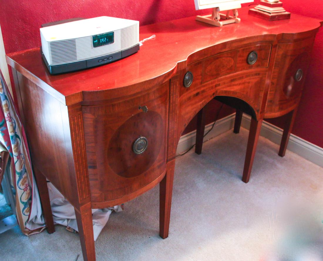 FEDERAL INLAID SIDEBOARD: FEDERAL STYLE SIDE BOARD WITH TAPERED LEGS, INLAID - VENEERED TOP AND DOORS 60"X20"X34 1/2"