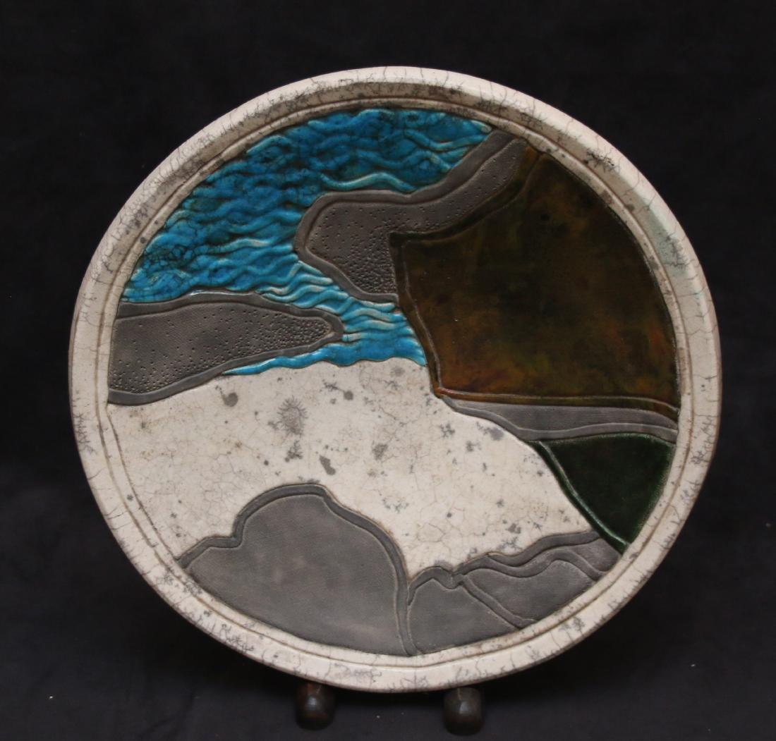 HIGBY ART POTTERY BOWL: IMPRESSED MARK ON BOTTOM - MULTI COLORED GLAZE AND TEXTURE 10"X2"