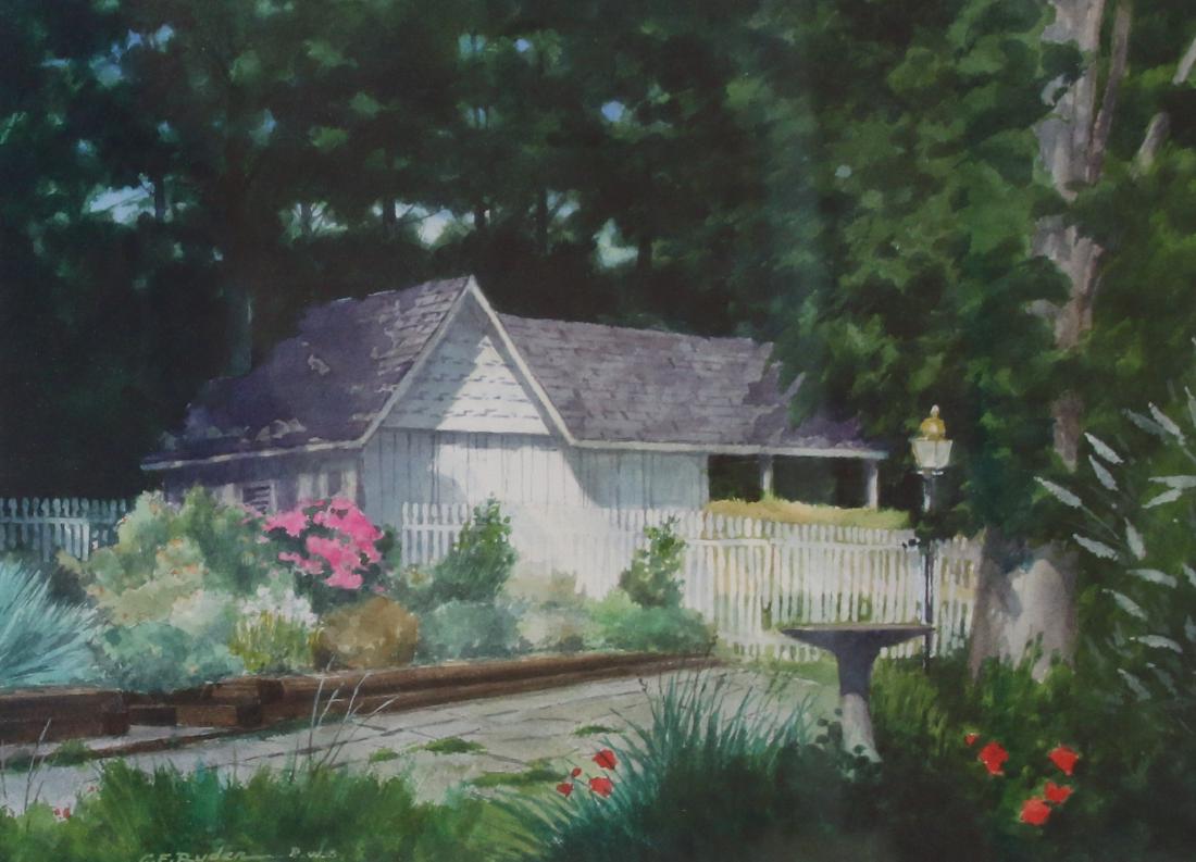 C.F. RYDER WATERCOLOR ON PAPER: FRAMED AND MATTED - HOUSE SCENE WITH FLOWERS 14" X 10"