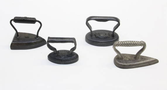 GROUP OF MINIATURE SAD IRONS: (4) 2 OVAL CAP IRONS- 1- MINI SLEEVE IRON 1-MINI BLOCK GROUP IRON 3 X 4.25"