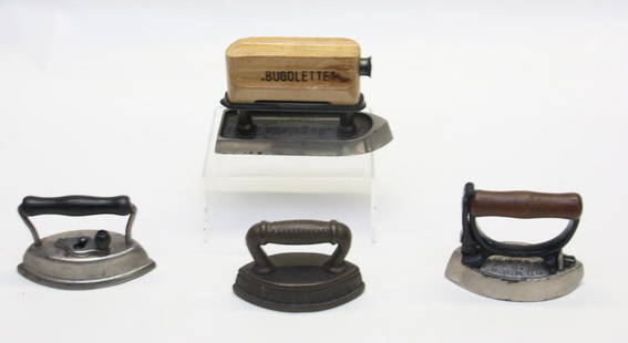 GROUP OF MINIATURE SAD IRONS: (4) 2- LITTLE ADVERTISING IRONS - LITTLE DETACHABLE HANDLE - META-FUEL IRON "BUGOLETTE" 3 X 5"