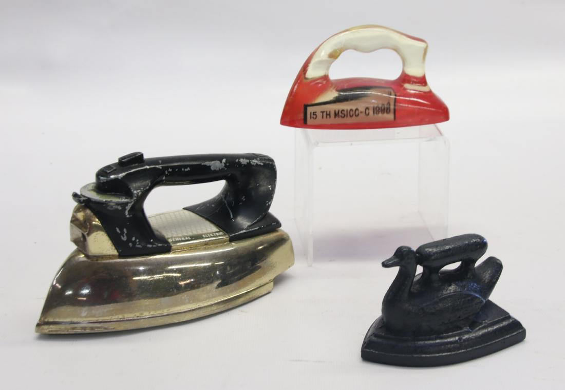 SMALL IRON LOT: INCLUDING - 1960 G.E. REPLICA OF 60 MILLIONTH IRON, SOUVENIR FROM 1999 IRONS AROUND THE WORLD, AND 1998 15TH "MSICC" CLUB MEETING IRON 3 3/4" TO 6"