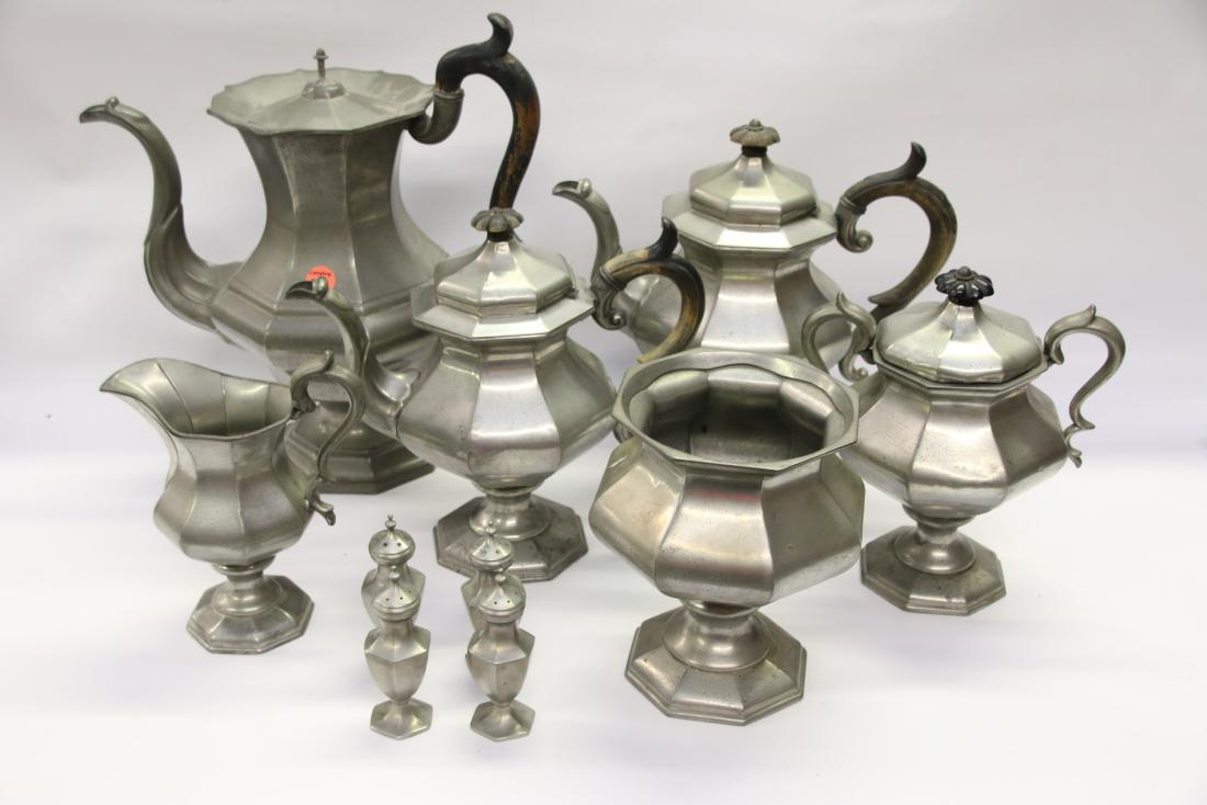 COFFEE - TEA SERVICE: BRITANNIA TEAPOT WITH WOOD HANDLE - REED AND BARTON COFFEE POT - (10) PIECES WITH SALT AND PEPPERS 11"