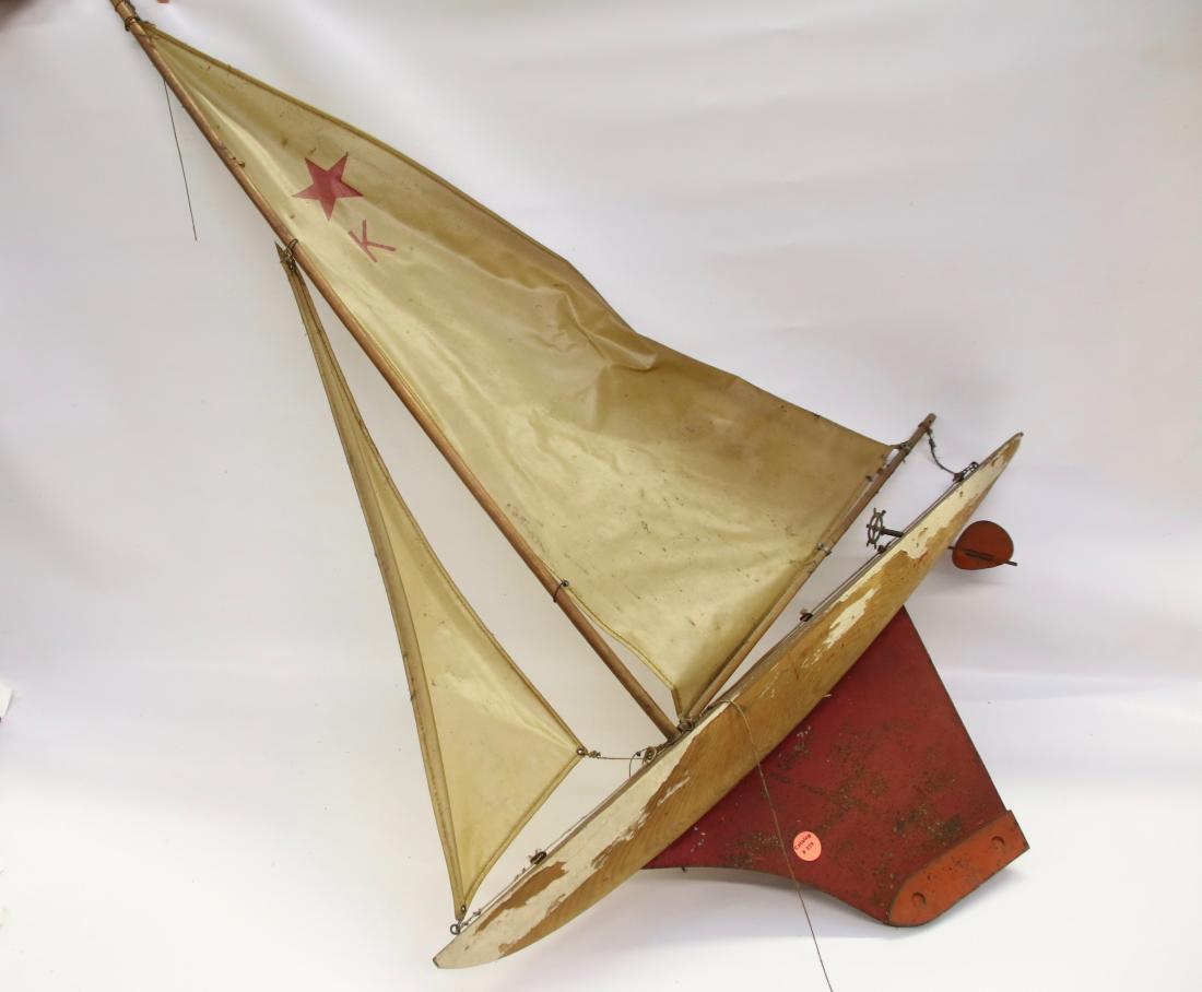 WOODEN POND BOAT: HAND PAINTED - WOOD, TIN, AND VINYL 24"