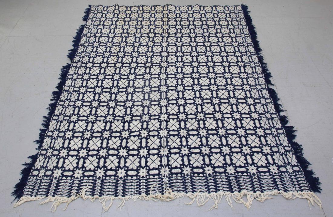 ANTIQUE COVERLET: INDIGO AND WHITE GEOMETRIC COVERLET - ONE PIECE W/ SEAM DOWN MIDDLE 68" X 88"