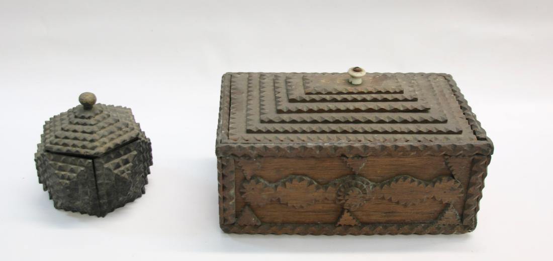 PR. OF TRAMP ART BOXES: PR. OF TRAMP ART BOXES INCLUDING - 6 SIDED BOX WITH LID AND RECTANGULAR BOX WITH CHIP CARVING 4" X 4 1/2" - 9" X 5 1/2" X 4 1/2"