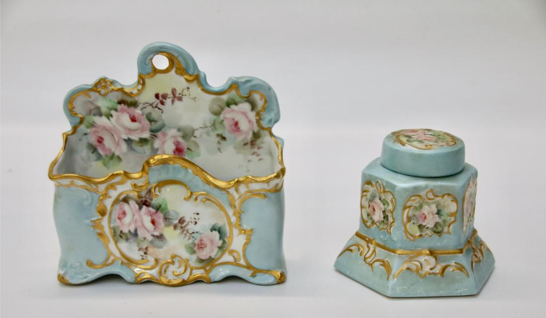 LIMOGE INKWELL LETTER BOX: PALE BLUE BACKGROUND - PINK ROSES - T&V LIMOGE 5 1/4" X 5 1/4" - 3 1/4" X 3 1/2"