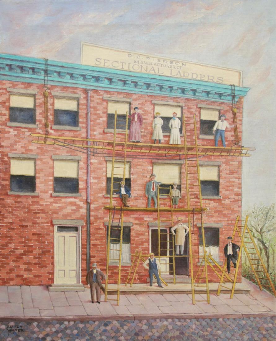 A. WOLPER OIL ON CANVAS: EXTERIOR STREET SCENE "SECTIONAL LADDERS" - SIGNED LOWER LEFT AND ON BACK, 1983 - UNFRAMED 20" X 16"
