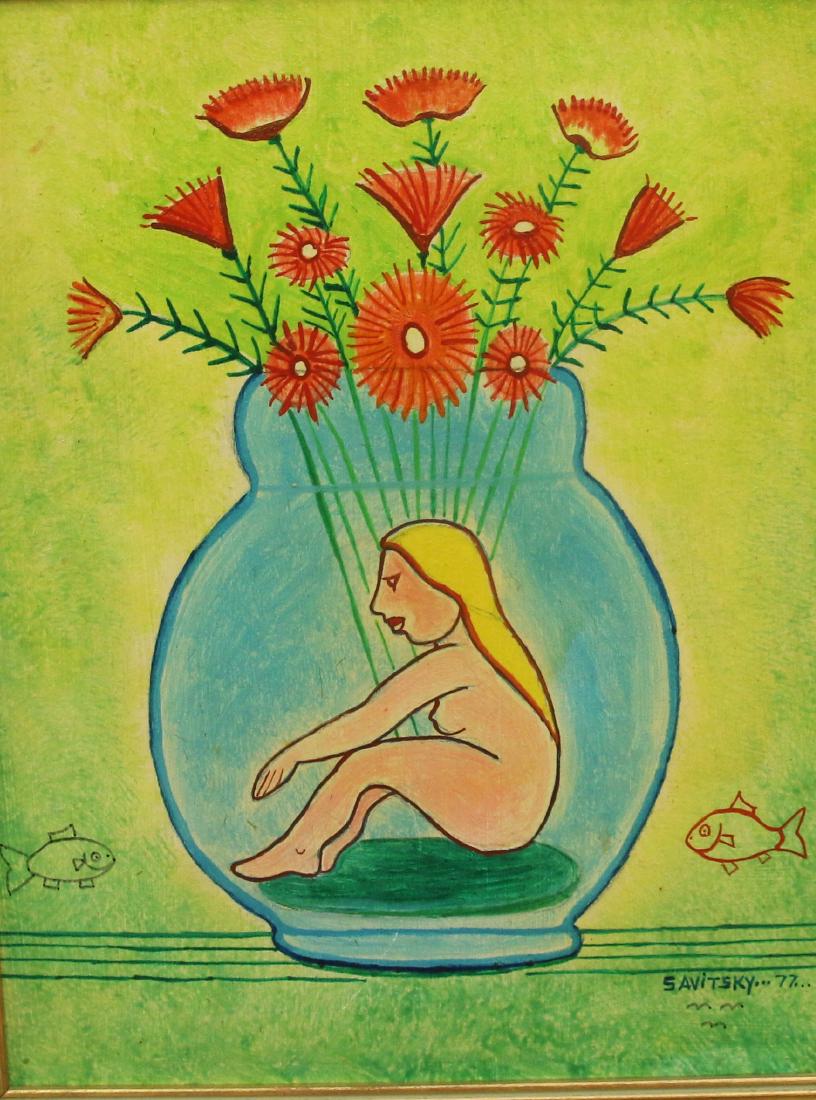 JACK SAVITSKY OIL ON BOARD: GIRL IN A BOTTLE" - SIGNED LOWER RIGHT, DATED 77 - PART OF MARY LOU AND JACK SAVITT COLLECTION 11" X 14