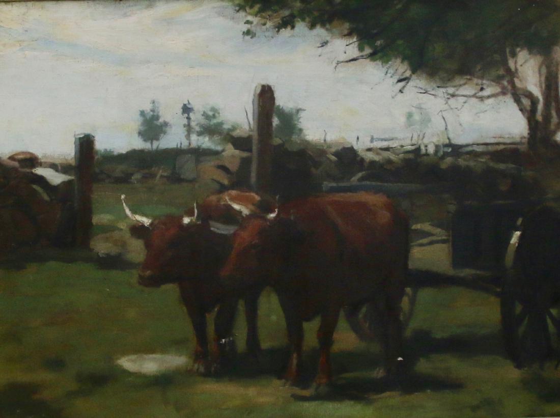 ELLEN D. HALE OIL ON CANVAS: A YOKE OF STEERS" - ORIGINAL PAPER LABEL ON REVERSE 24" X 18