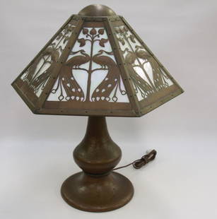 ARTS AND CRAFTS TABLE LAMP: ATTRIBUTED TO LIMBERT -HAND HAMMERED COPPER LIGHT WITH BIRD AND FLORAL SHADE - 6 PANEL LIGHT WITH GLASS SHADE INSERTS 23" H