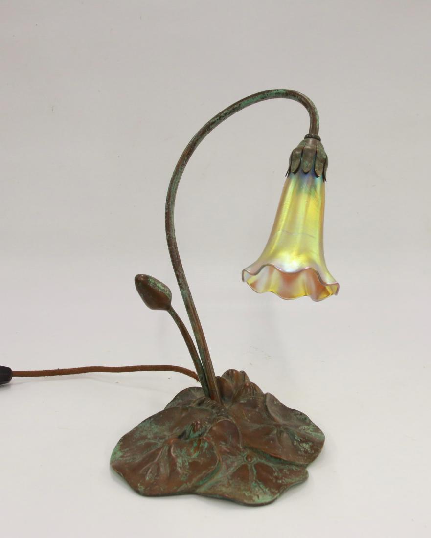 BRONZE LILY PAD LIGHT: MARKED "TIFFANY STUDIOS" NEW YORK ON BASE - SINGLE LIGHT WITH ART GLASS SHADE 11 1/2" H X 7"
