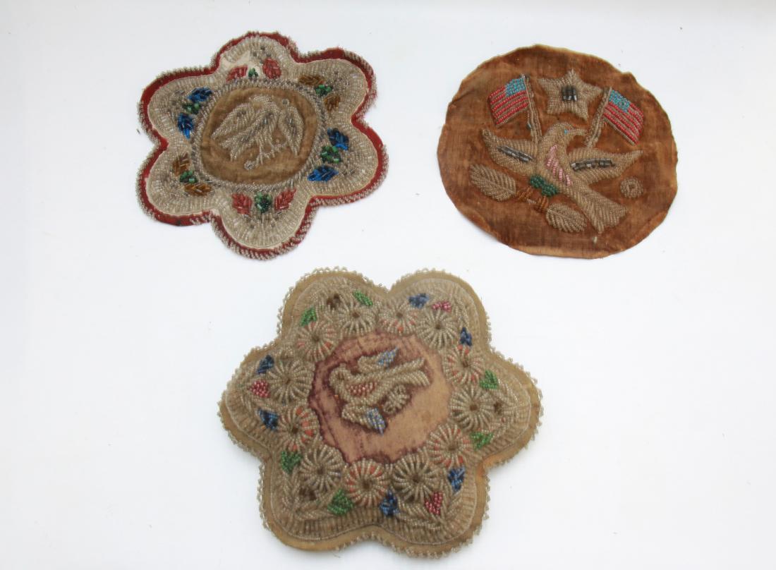 LOT OF BEAD WORK: (3) PIECES INCLUDING - PILLOW AND (2) TABLE COASTER OR PILLOW TOPS ONE IS ON LEATHER