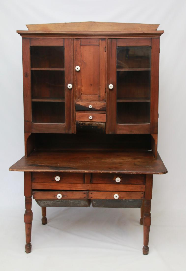 TWO PIECE BAKERS CUPBOARD: PINE WITH PORCELAIN KNOBS 75" X 48" X 28"