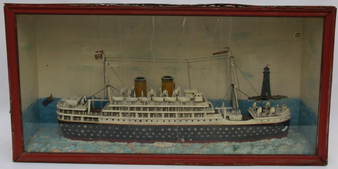 VINTAGE WOODEN SHIP DIORAMA: HAND PAINTED FOLK ART SHIP IN THE OCEAN - DIORAMA - "ORONTES" 16" X 31" X 7"