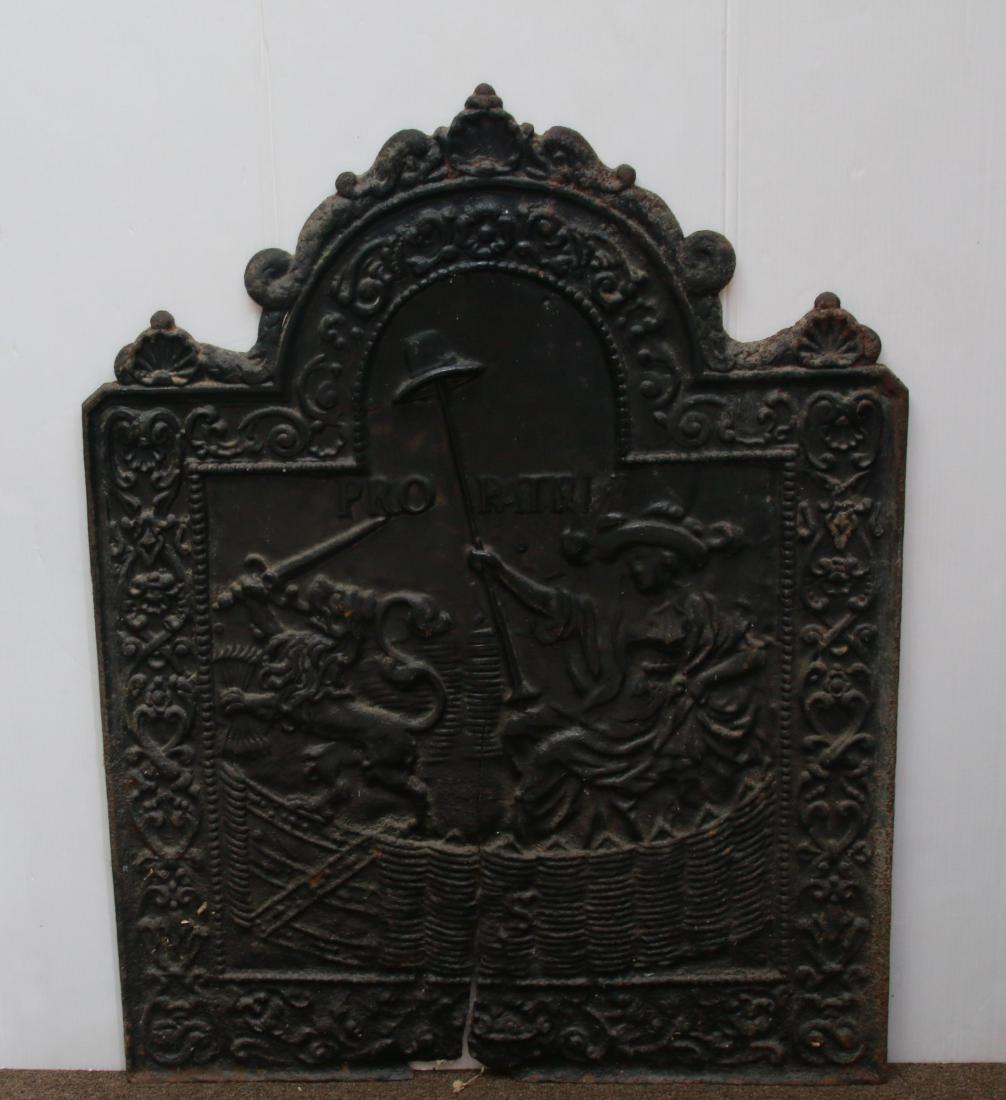 CAST IRON FIREBACK: ORNATE CAST IRON FIREBACK 41" X 31 1/2"