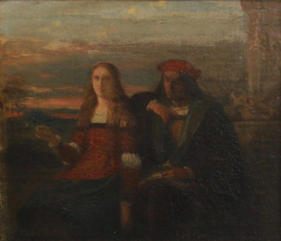 19TH CENTURY OIL ON CANVAS: EARLY OIL ON CANVAS - MAN AND WOMAN SITTING TOGETHER - SIGNED PAUL ROUX LOWER RIGHT 7 1/2" X 6 1/2"