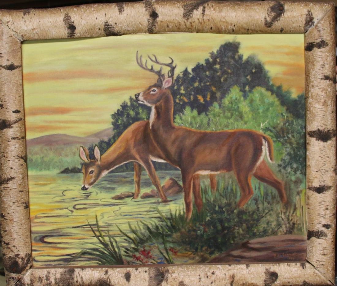 FOLK ART DEER PAINTING: B.M. SCHMIDT 1954 - OIL ON BOARD ON BUCK AND DOE IN A LAKE - WITH BIRCH BARK FRAME 30" X 37" FRAMED