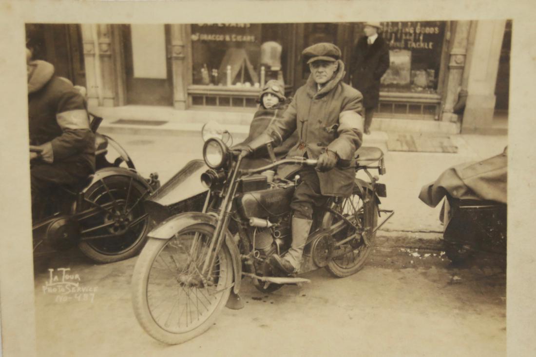 VINTAGE HARLEY DAVIDSON PHOTOGRAPH: BLACK AND WHITE PHOTO OF MOTORCYCLE WITH SIDECAR MARKED: "LA TOUR PHOTO SERVICE NO. 487", 7" X 5"