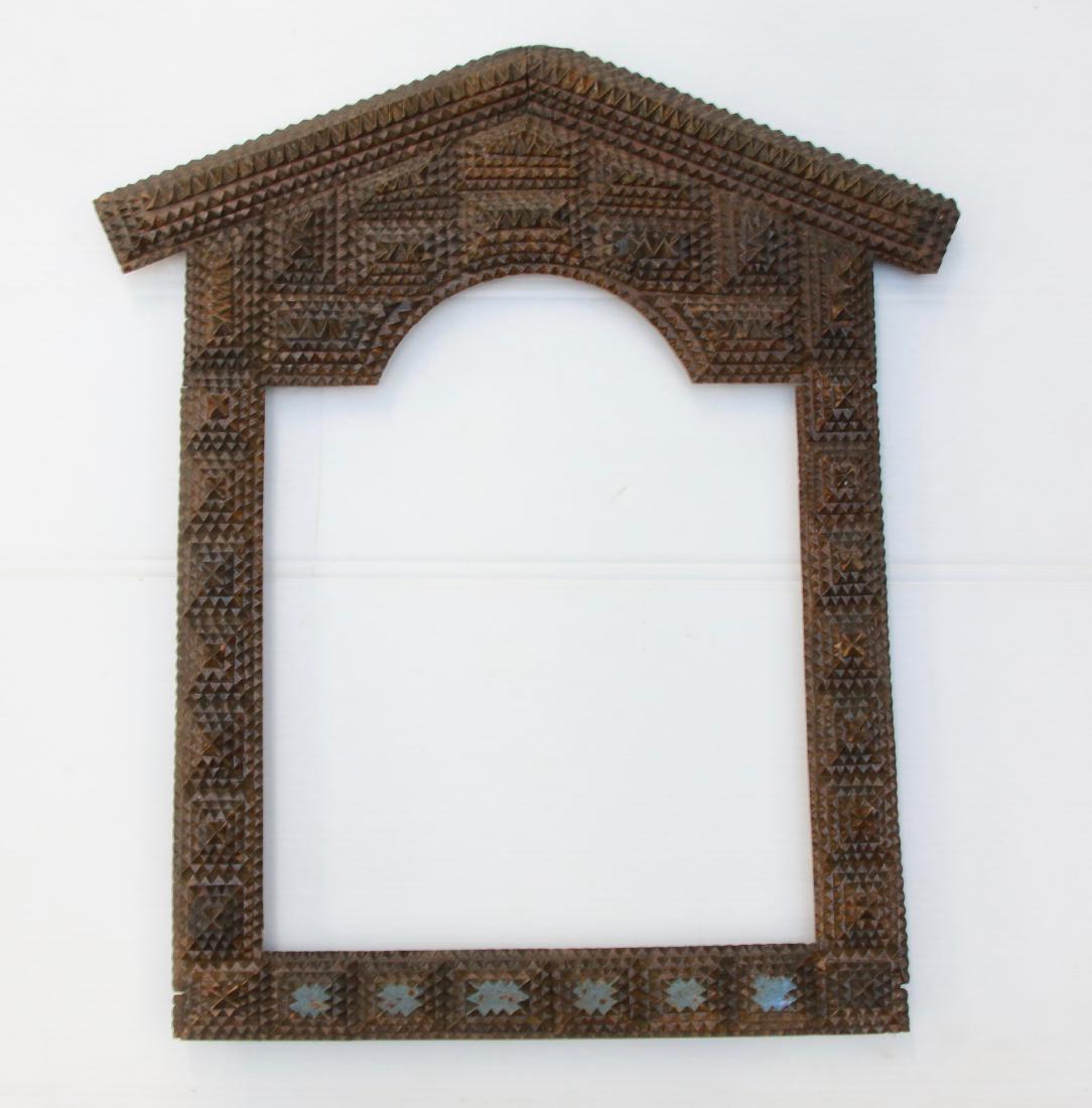 TRAMP ART FRAME: CHIP CARVED FRAME WITH BLUE HIGHLIGHTS ALONG THE BOTTOM , 22 1/2" X 25" TOTAL SIZE