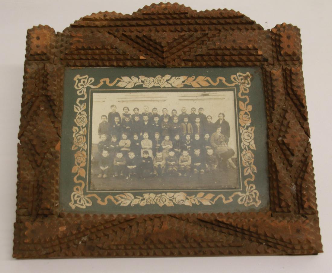 TRAMP ART FRAME WITH PHOTOGRAPH: CHIP CARVED GEOMETRIC PATTERN - WITH SCHOOL PHOTO , 12" X 12"