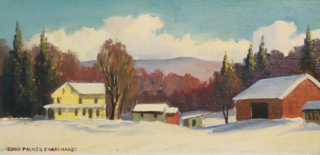 EDNA PALMER ENGELHARDT OIL ON CANVAS: YELLOW HOUSE SNOW SCENE" BY: EDNA PALMER ENGELHARDT , 16" X 8