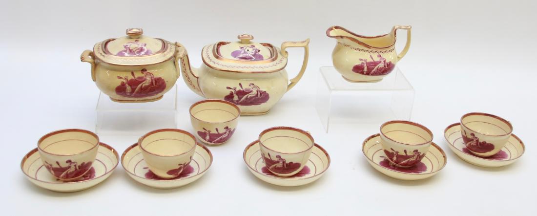 MULBERRY LUSTER TEA SERVICE: MULBERRY TRANSFER OF BADMINTON GAME WITH CHILDREN - TEAPOT, SUGAR, CREAMER AND 6 CUPS WITH 5 SAUCERS Dimensions: TEA POT 6" X 10 1/2" - SUGAR 6" X 5"
