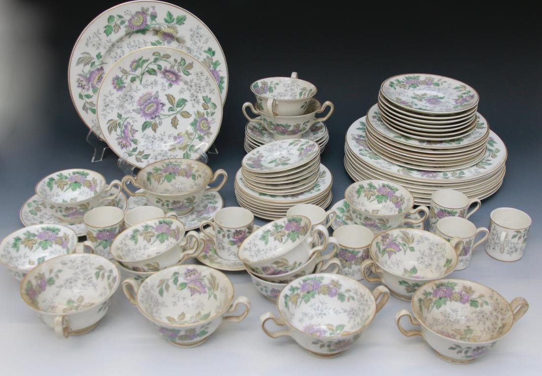 WEDGWOOD DINNER SET: WEDGWOOD "AVON" SERVICE FOR 8 - (8) DINNER PLATES, (8) SALAD PLATES, (8) BREAD AND BUTTER, (8) CUPS AND SAUCERS - "W3983" - 56 TOTAL PIECES Dimensions: PLATES 10 3/4" - SOUPS 6 3/4" X 2 1/4"