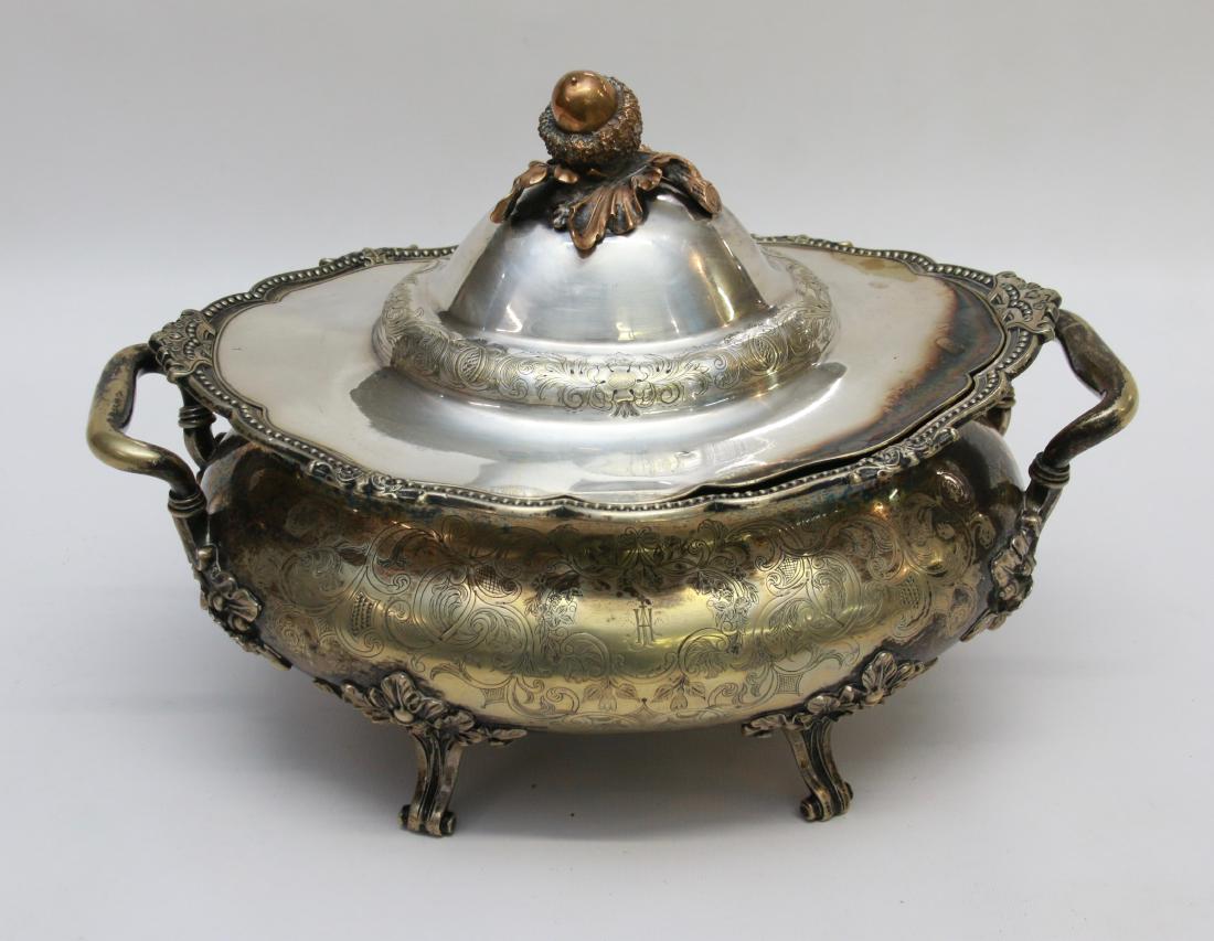 19TH CENTURY SILVER PLATED TUREEN: ORNATE MOUNTS OF ACORNS - AMES MFG. CO. CHICOPEE, MASS Dimensions: 10 1/2" X 13 1/2"